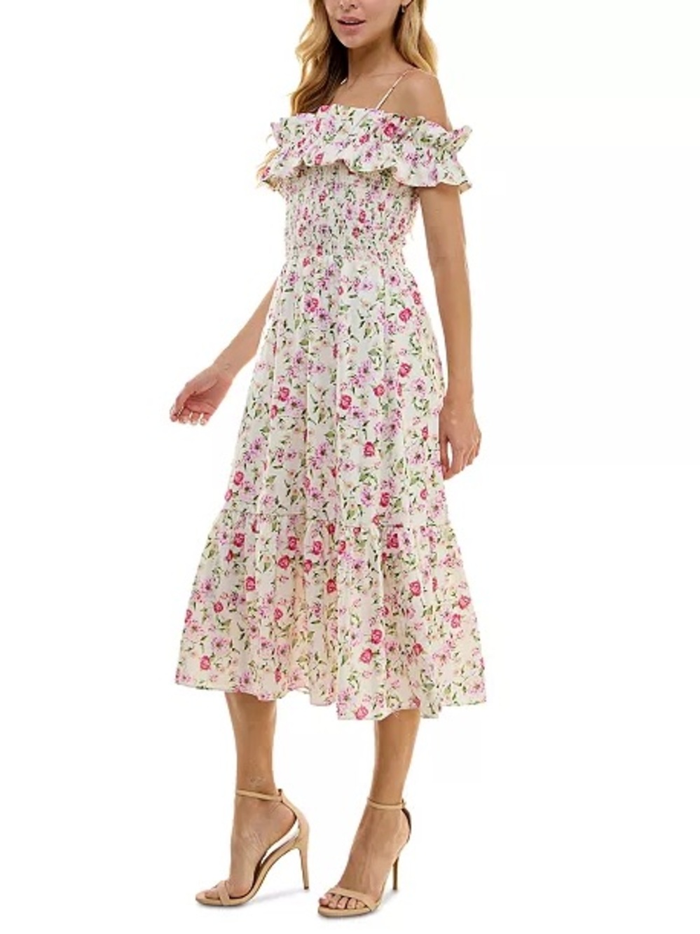 City Vibe Smocked Off-Shoulder Floral Midi Dress White&Pink Summer Wedding Guest